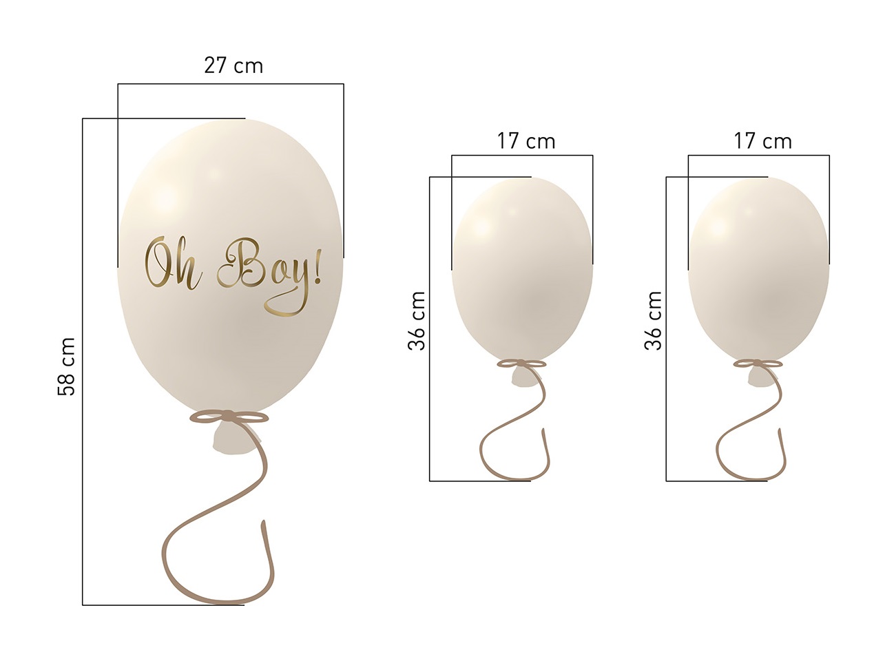 Väggklistermärke partyballonger 3-pack, cream Mått på ballonger