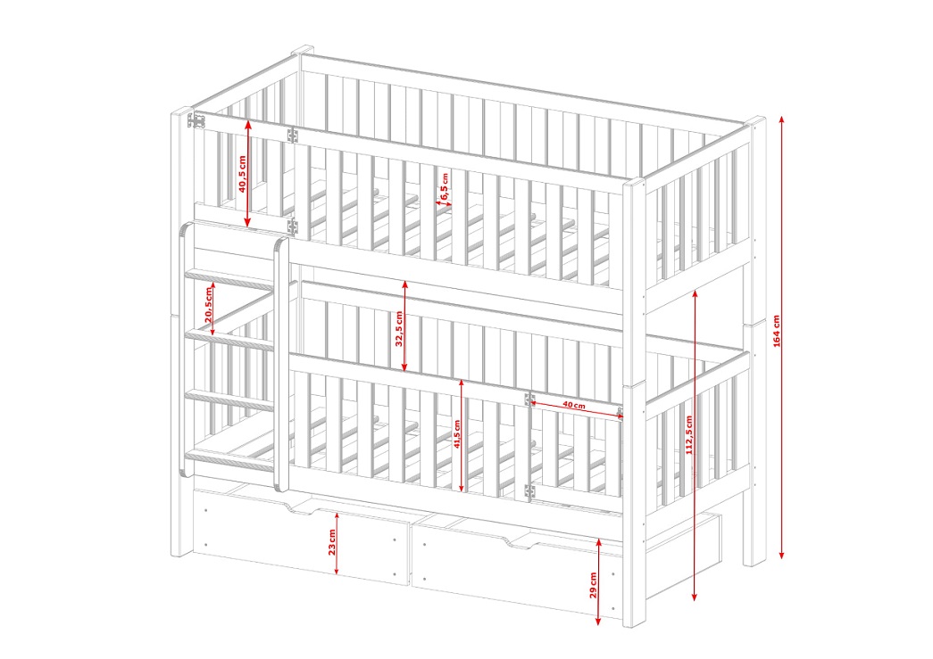 Vit våningssäng med stödbräda med lås, Kinley 80x180 cm 