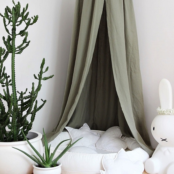 Large olive green maxi bed canopy in linen, Cotton & Sweets 