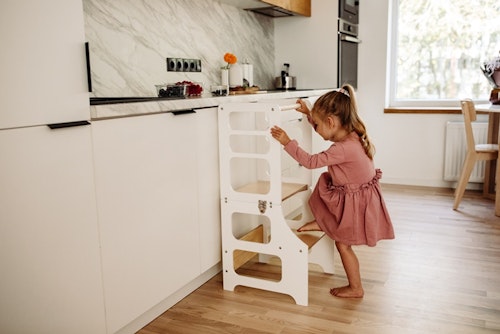 Duck Woodworks, Buildable kitchen helper with slide, white/natural