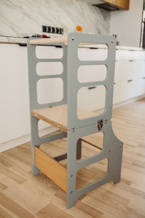 Duck Woodworks, Buildable kitchen helper with slide, grey/natural