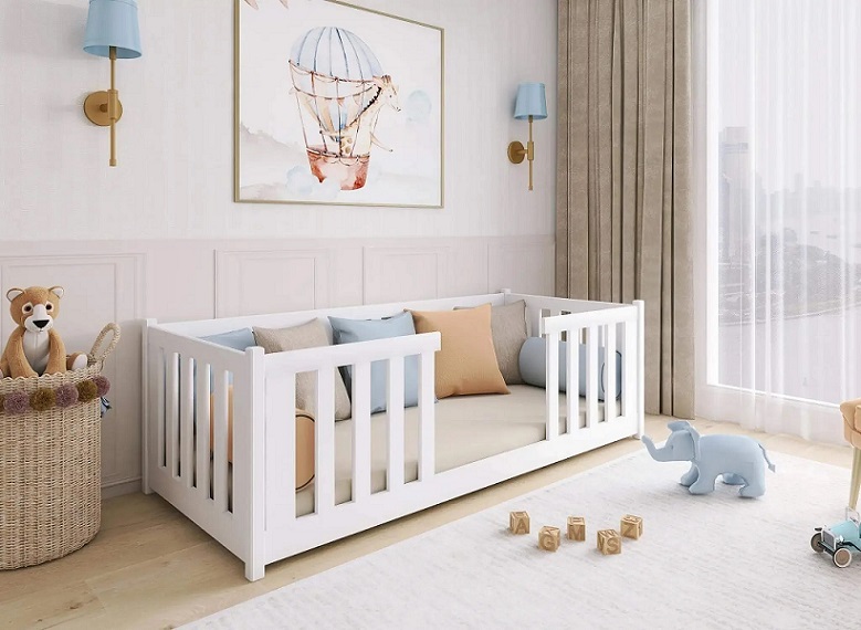 White children's bed with barrier, Fred 90x200 