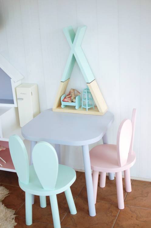 Möbelset för barn, två kaninstolar och bord 
