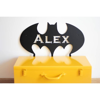 Personalized metal wall hanging for children's room, batman with name