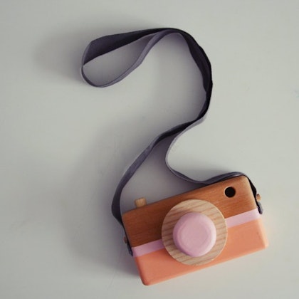 Wooden toy camera, peach + pink