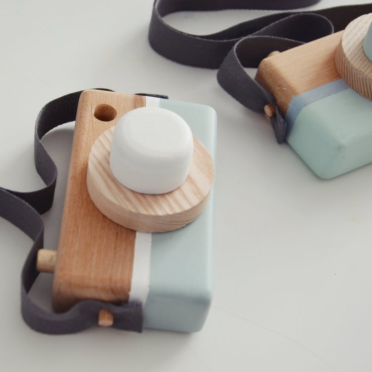 Wooden toy camera, dusty blue + white 