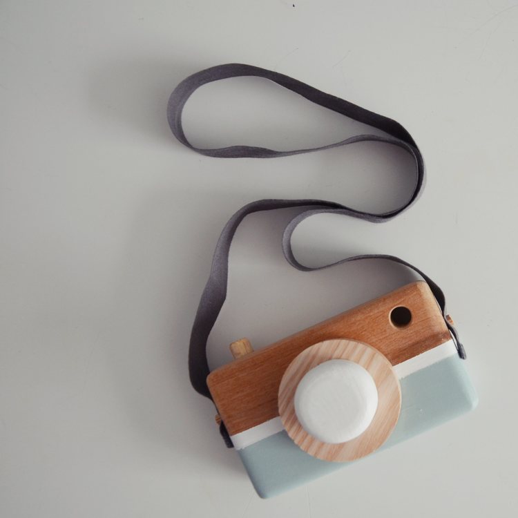 Wooden toy camera, dusty blue + white 