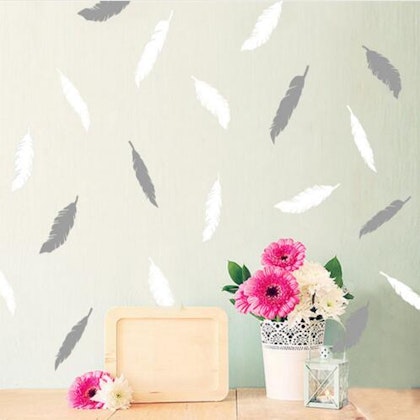 Wall stickers white/grey feathers, set of 12