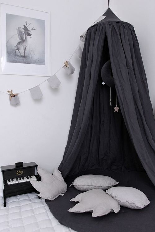 Graphite linen bed canopy for children's room with LED lights, Cotton&Sweets 