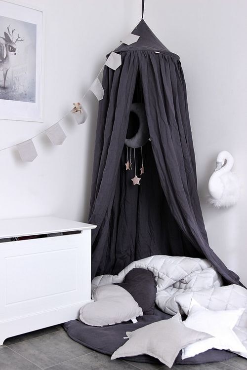 Graphite linen bed canopy for children's room with LED lights, Cotton&Sweets 