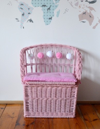 Lilu, rattan storage bench for children's room, pink 