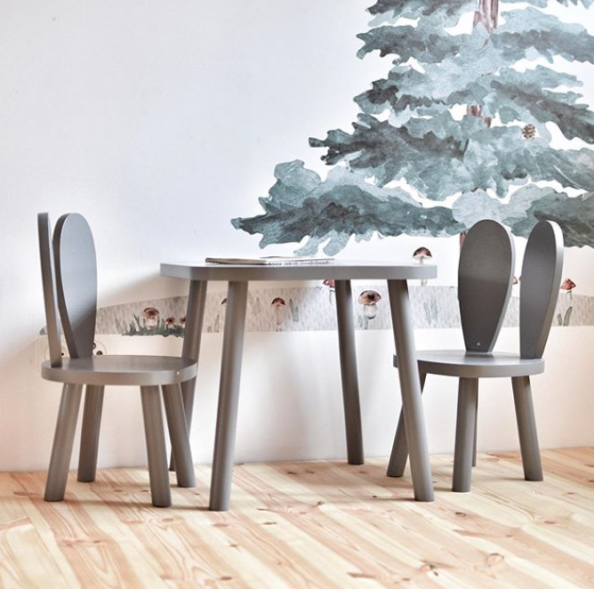 Dark grey furniture set for children, two rabbit chairs and table 