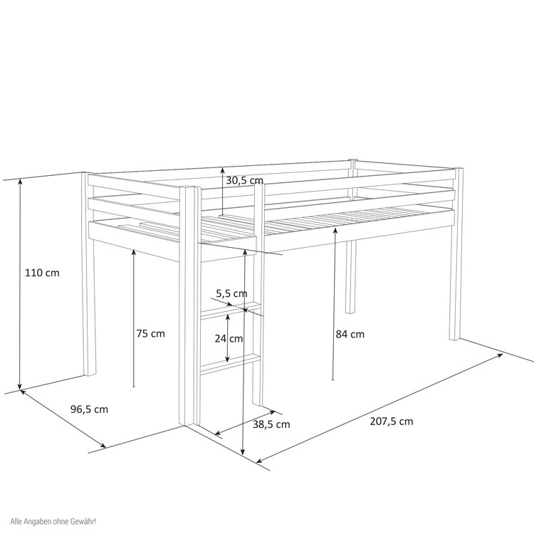 Vit loftsäng till barnrummet 90x200 cm Mått på loftsäng