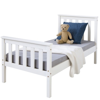 White junior bed, Wooden frame with high headboard, White