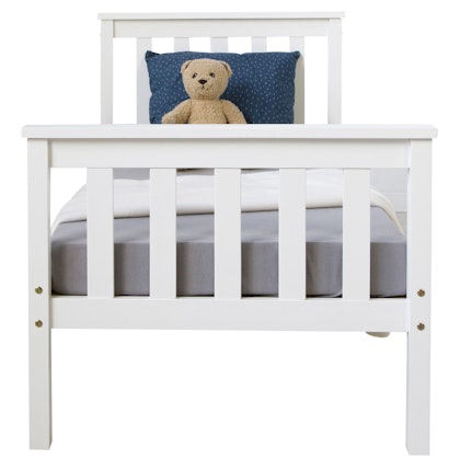White junior bed, Wooden frame with high headboard, White