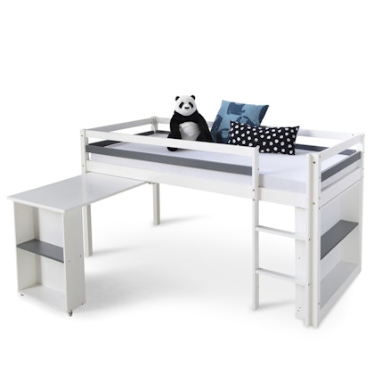 White loft bed for children's room with movable desk