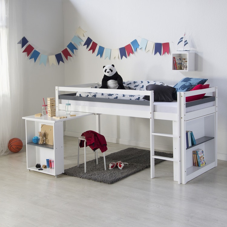 White loft bed for children's room with movable desk White loft bed for children's room with movable desk