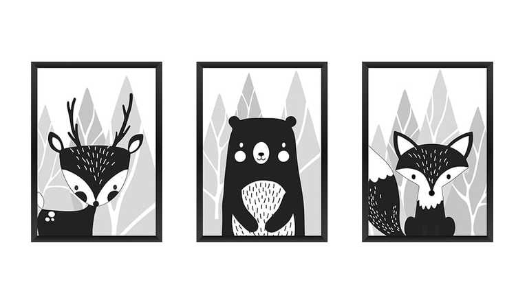 Posters for children's room , 3-pack A3 , black/white friends of the forest 