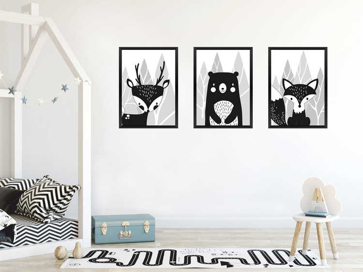 Posters till barnrum , 3-pack A3 , svart/vit skogens vänner 