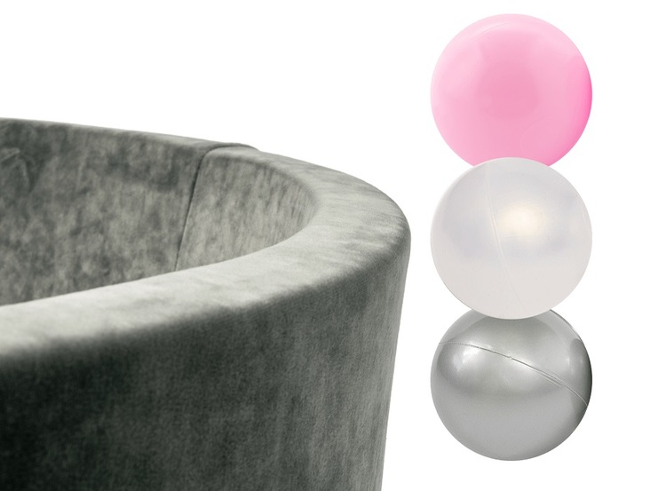 Misioo, grå sammet bollhav smart, 150 bollar  (pink/transparent/silver) 