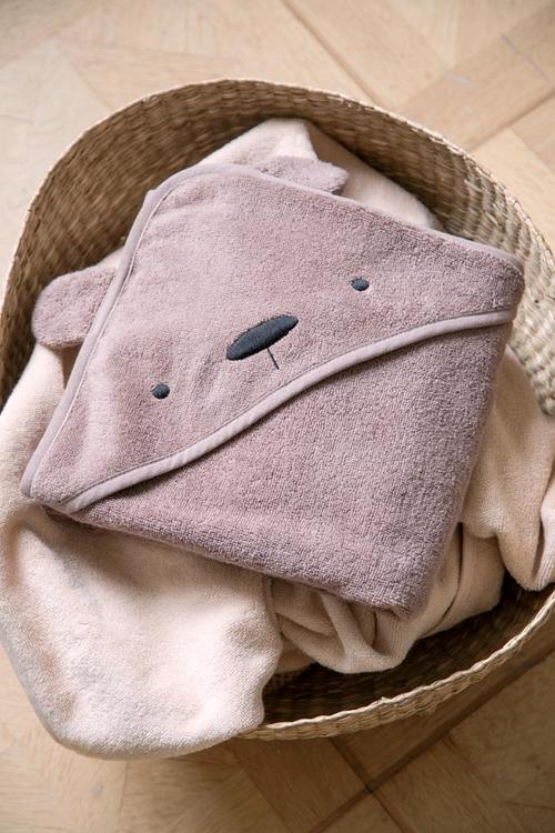 Sebra, terry hooded towel, Milo the bear, rustic plum 