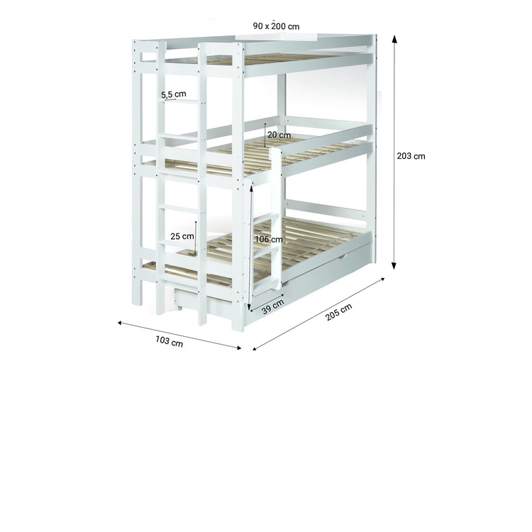 White 3-levels bunk bed for children's room 90x200 White 3-levels bunk bed for children's room 90x200
