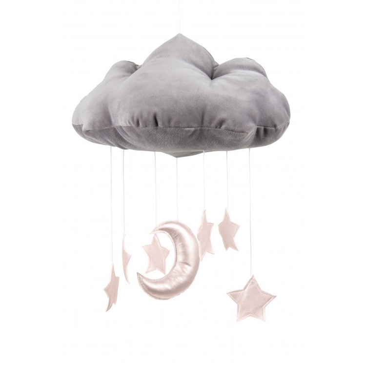 Grå sängmobil moln med rosastjärnor, Cotton & Sweets 