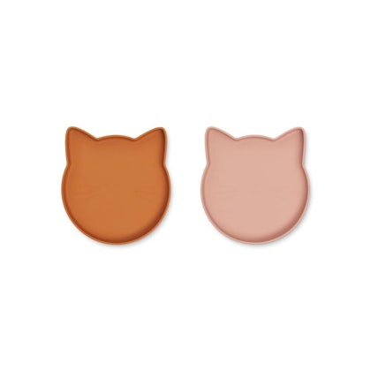 Liewood, Marty silicone plate 2-pack, Cat mustard/dark rose mix