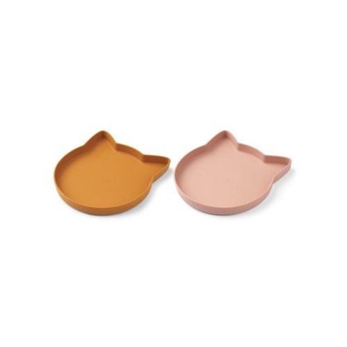 Liewood, Marty silicone plate 2-pack, Cat mustard/dark rose mix