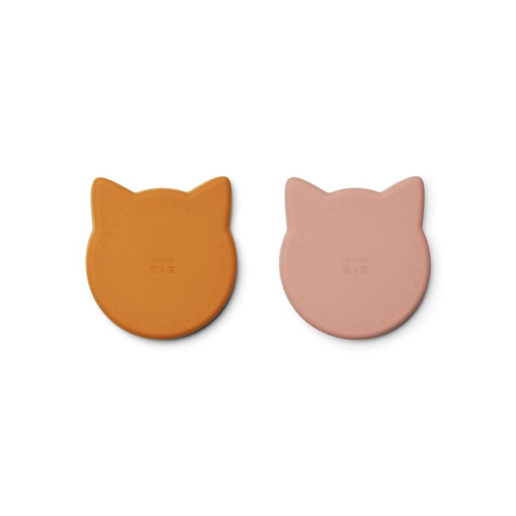 Liewood, Marty silicone plate 2-pack, Cat mustard/dark rose mix 