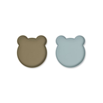 Liewood, Marty silicone plate 2-pack, Mr bear khaki / blue fog mix