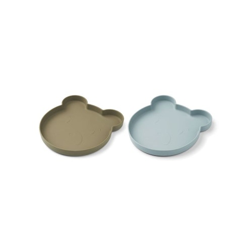 Liewood, Marty silicone plate 2-pack, Mr bear khaki / blue fog mix