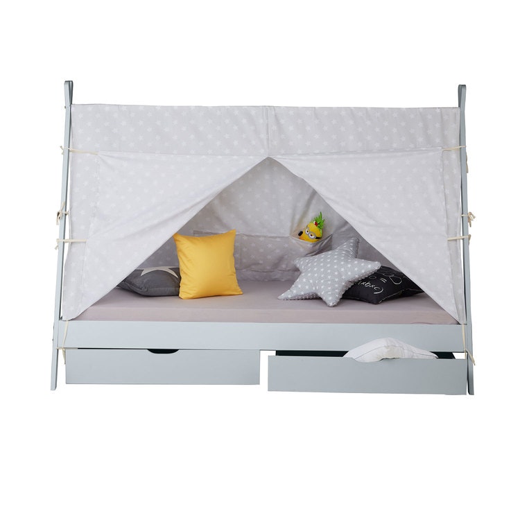 Grey house bed tipi with curtain and storage drawers 90x200 Grey house bed tipi with curtain and storage drawers 90x200