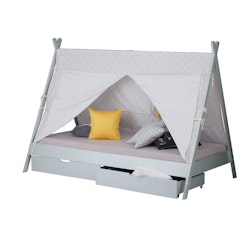 Grå hussäng tipi med gardin och förvaringslådor 90x200