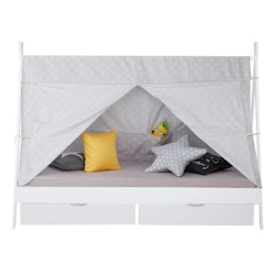 Vit hussäng tipi med gardin och förvaringslådor 90x200