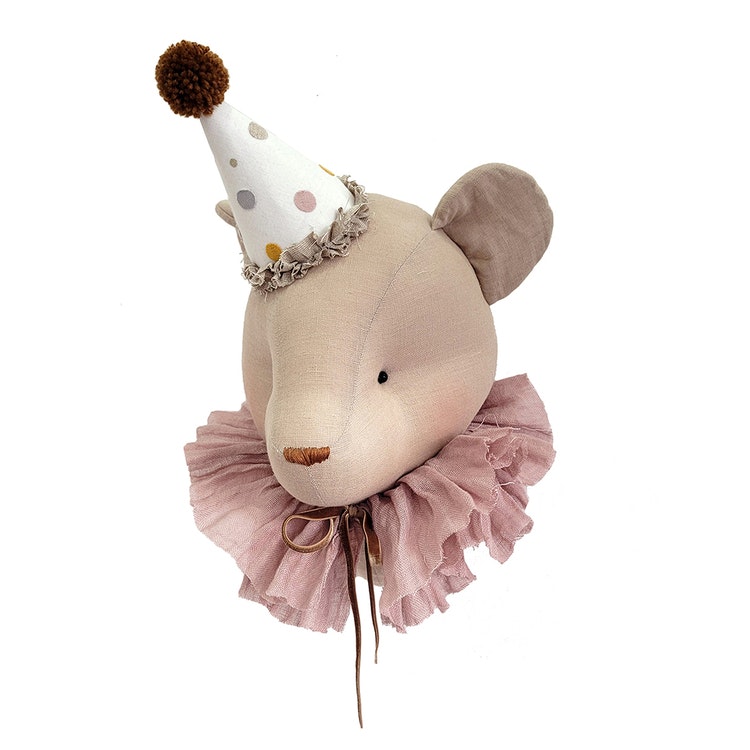 Wall decoration beige bear with pink collar, animal head in linen 