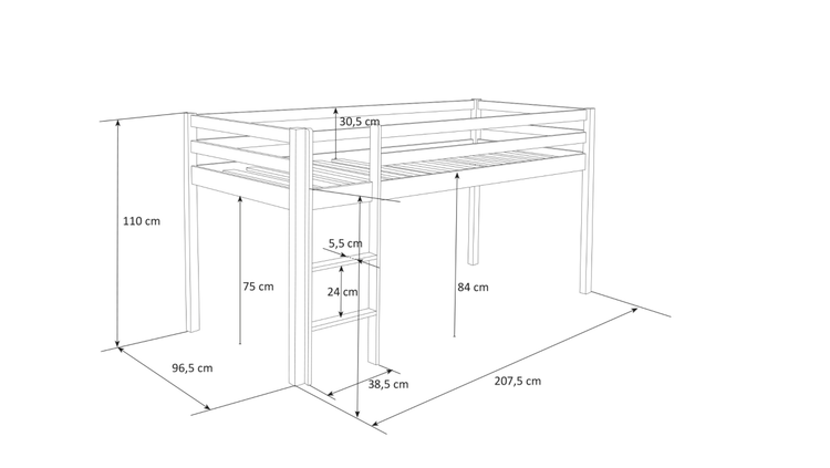 Grey loft bed for the children's room with bed curtain Grey loft bed for the children's room with bed curtain