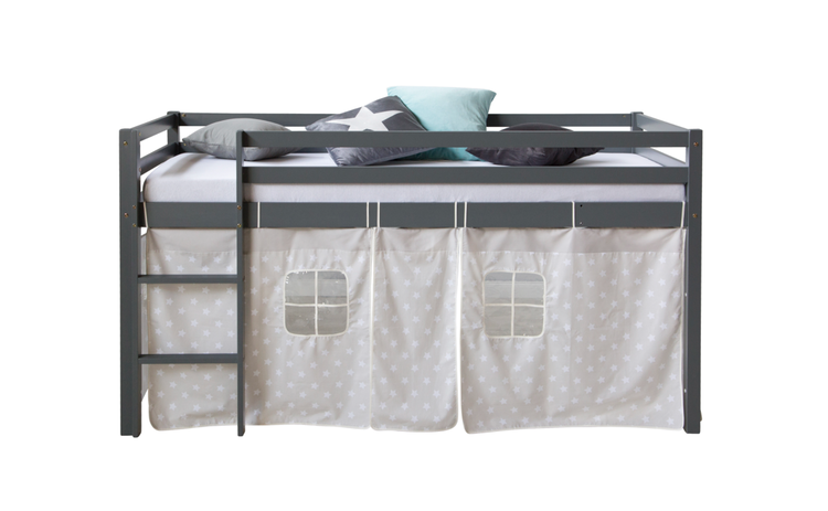Grey loft bed for the children's room with bed curtain Grey loft bed for the children's room with bed curtain