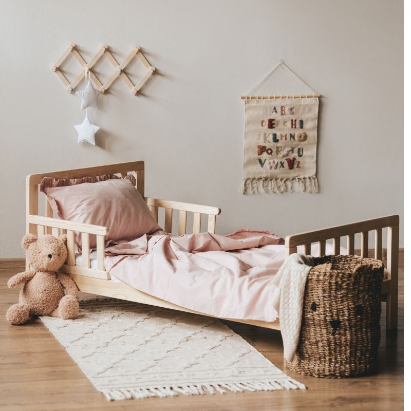 Babylove, natural coloured junior bed with guard rail-Sky Babylove, natural coloured junior bed with guard rail-Sky