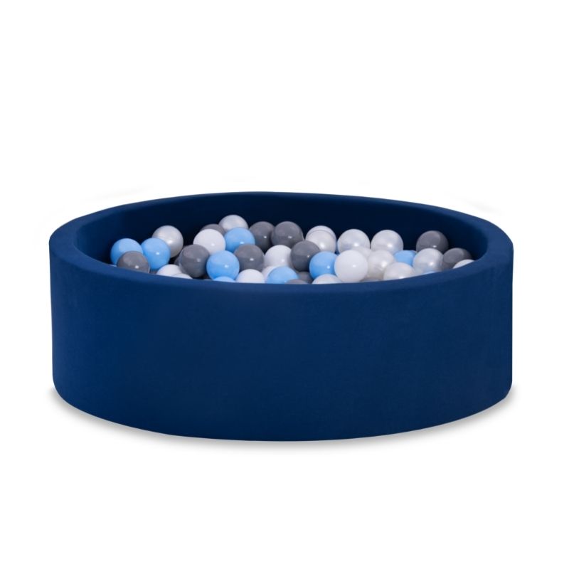 Mörkblå bollhav BASIC, 90x30 med bollar (baby blå, grå, pearl,vit) 