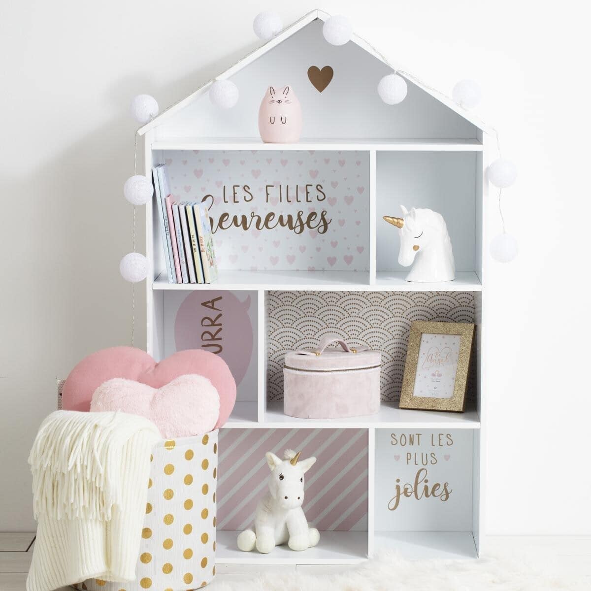 Dollhouse house shelf, white/pink 