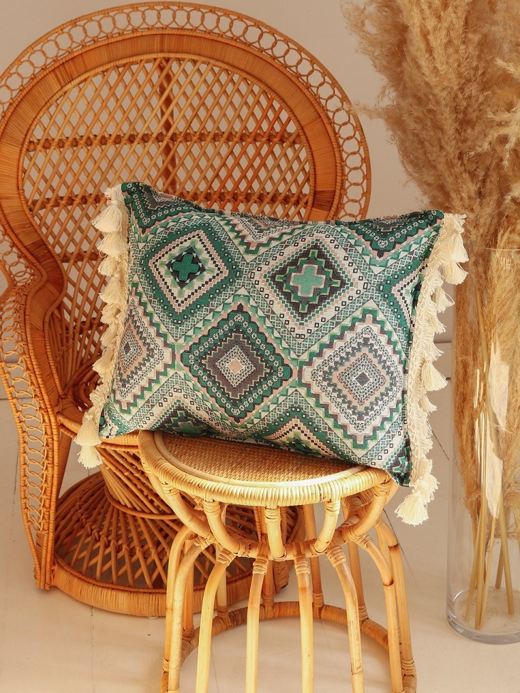 Moi Mili, pillow with fringes, Sea green mosaic 