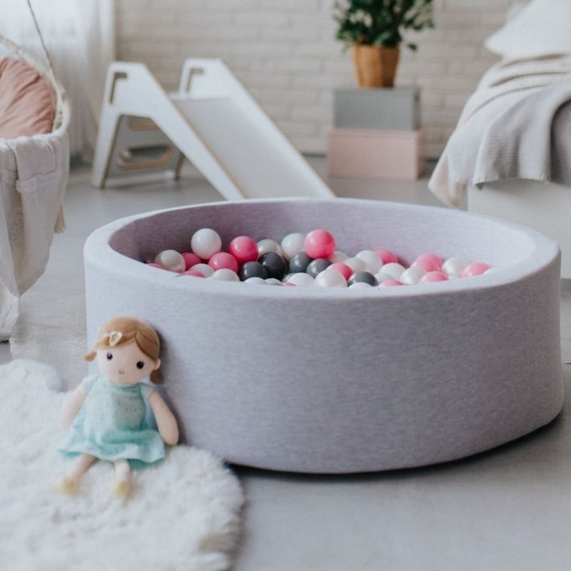 Light grey ball pit BASIC, 90x30 with balls (powder pink, white, pearl, grey) 