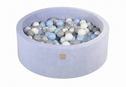 Meow, light blue velvet ball pit with 200 balls, (grey, white, transparent, baby blue)