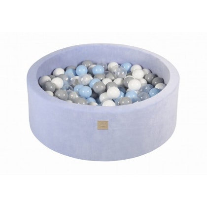 Meow, light blue velvet ball pit with 200 balls, (grey, white, transparent, baby blue)