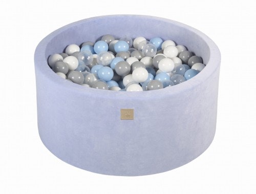 Meow, light blue velvet ball pit with 300 balls, (grey, white, transparent, baby blue) 