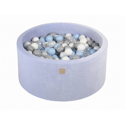 Meow, light blue velvet ball pit with 300 balls, (grey, white, transparent, baby blue)
