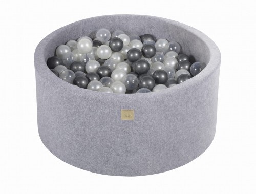 Meow, grey velvet ball pit with 300 balls, (silver, pearl, transparent) 