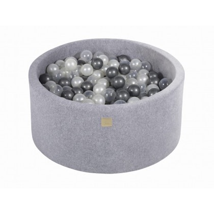 Meow, grey velvet ball pit with 300 balls, (silver, pearl, transparent)