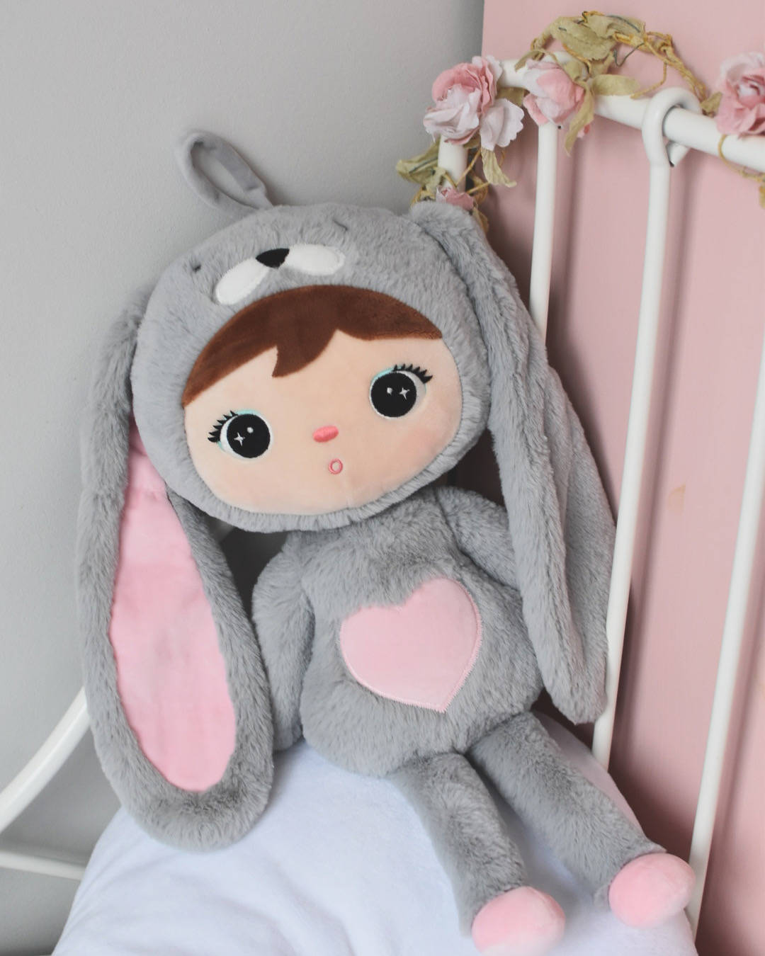 Grey / pink rabbit, large doll with name 